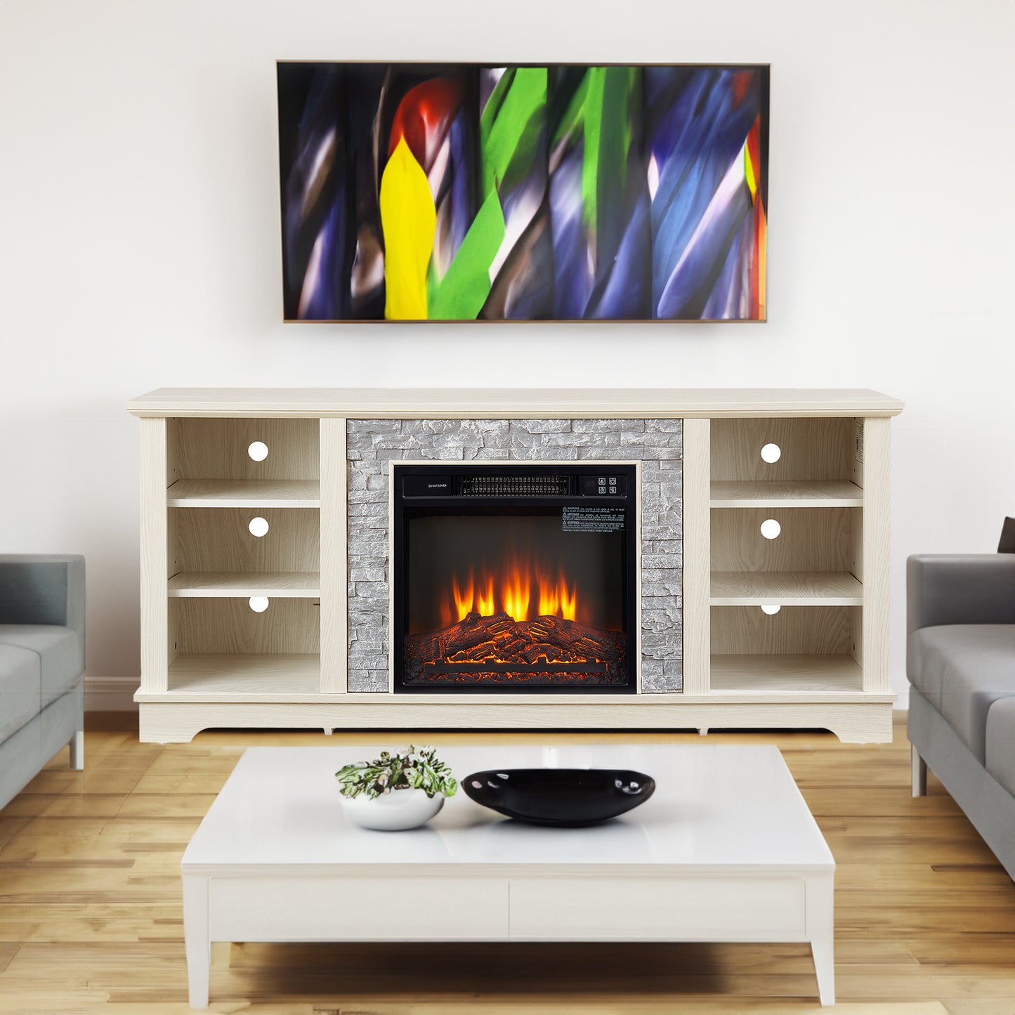 Mantel Electric Fireplace Stone TV Media Stand with Open Storage Console and 18-Inch Fireplace Insert, White