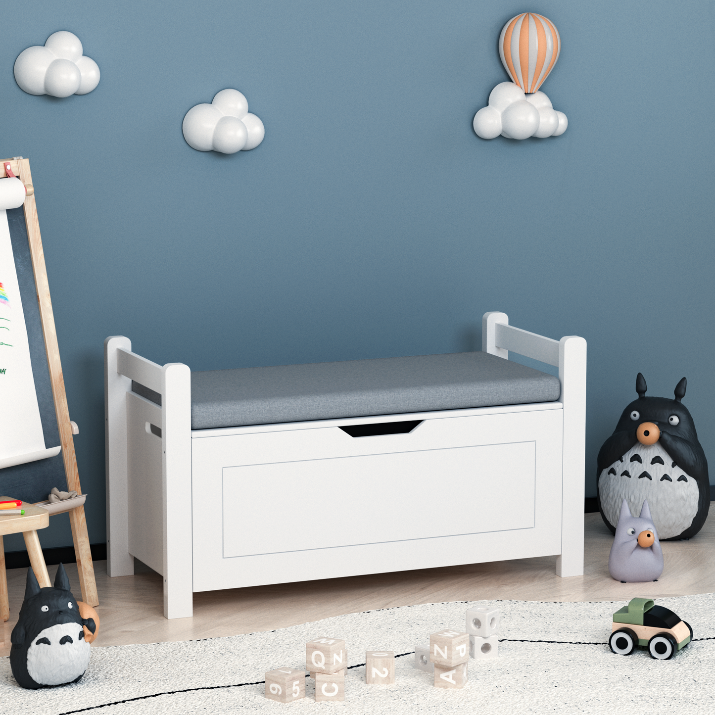 A white rubber wood children's toy box with soft cushioned seats, stools, flip covers, and safety hinges for toy storage