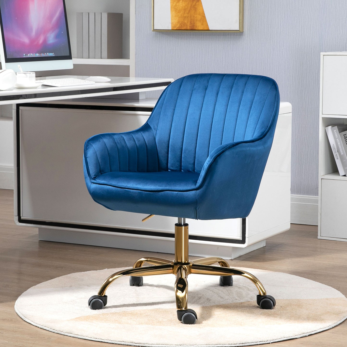 360° Dark Blue Velvet Swivel Chair With High Back Adjustable Working Chair With Golden Color Base