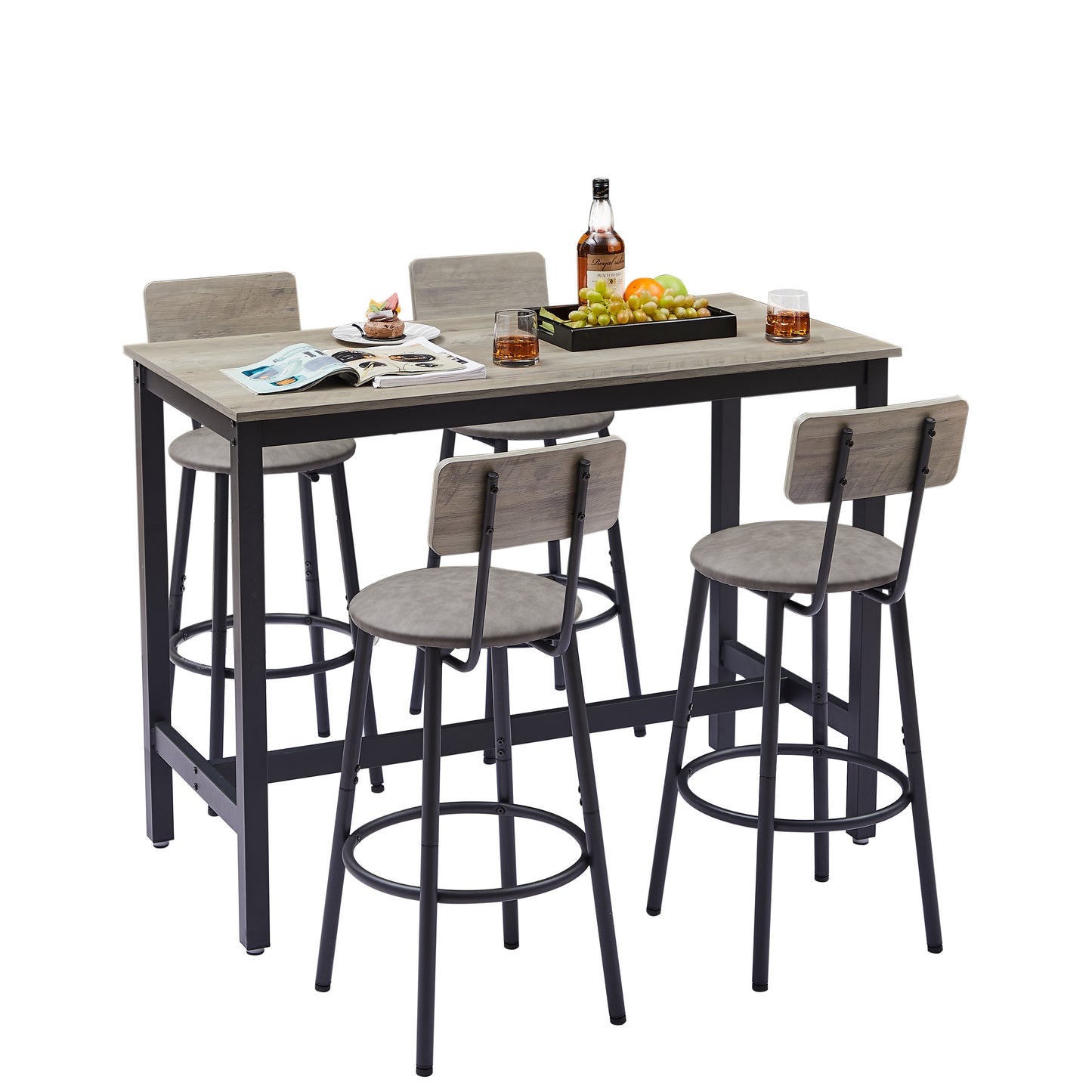 Bar Table Set with 4 Bar stools PU Soft seat with backrest Grey 47.24'' L x 23.62'' W x 35.43'' H