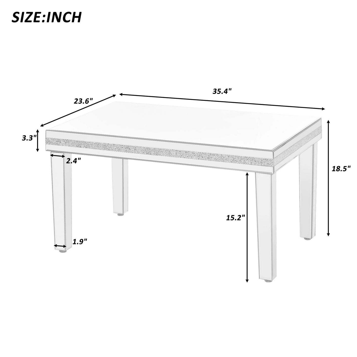 Mesa de centro elegante y moderna con espejo de vidrio ON-TRANS con diseño de cristal y patas de altura ajustable, acabado plateado