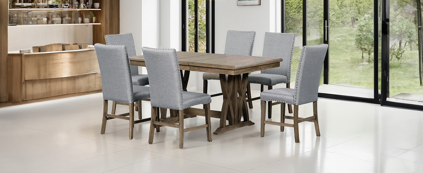 TOPMAX Mid-Century Solid Wood 7-Piece Expandable Dining Table Set with Soft Cushioned Chairs, Gold Brown and Gray