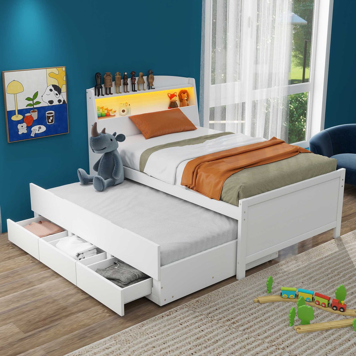 Twin Size Platform Bed with Storage LED Headboard Twin Size Trundle and 3 Drawers White