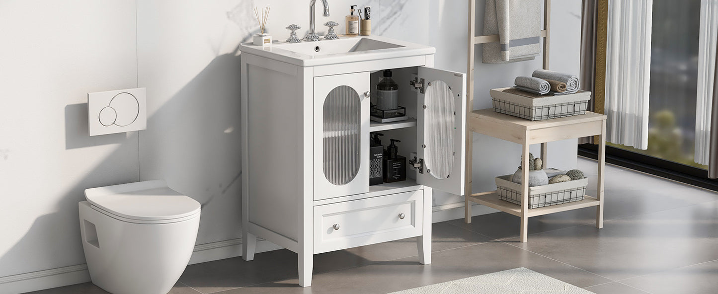 Bathroom Vanity with Sink, Bathroom Vanity Cabinet with One Drawer and Doors, Adjustable Shelf, Solid Wood and MDF, White