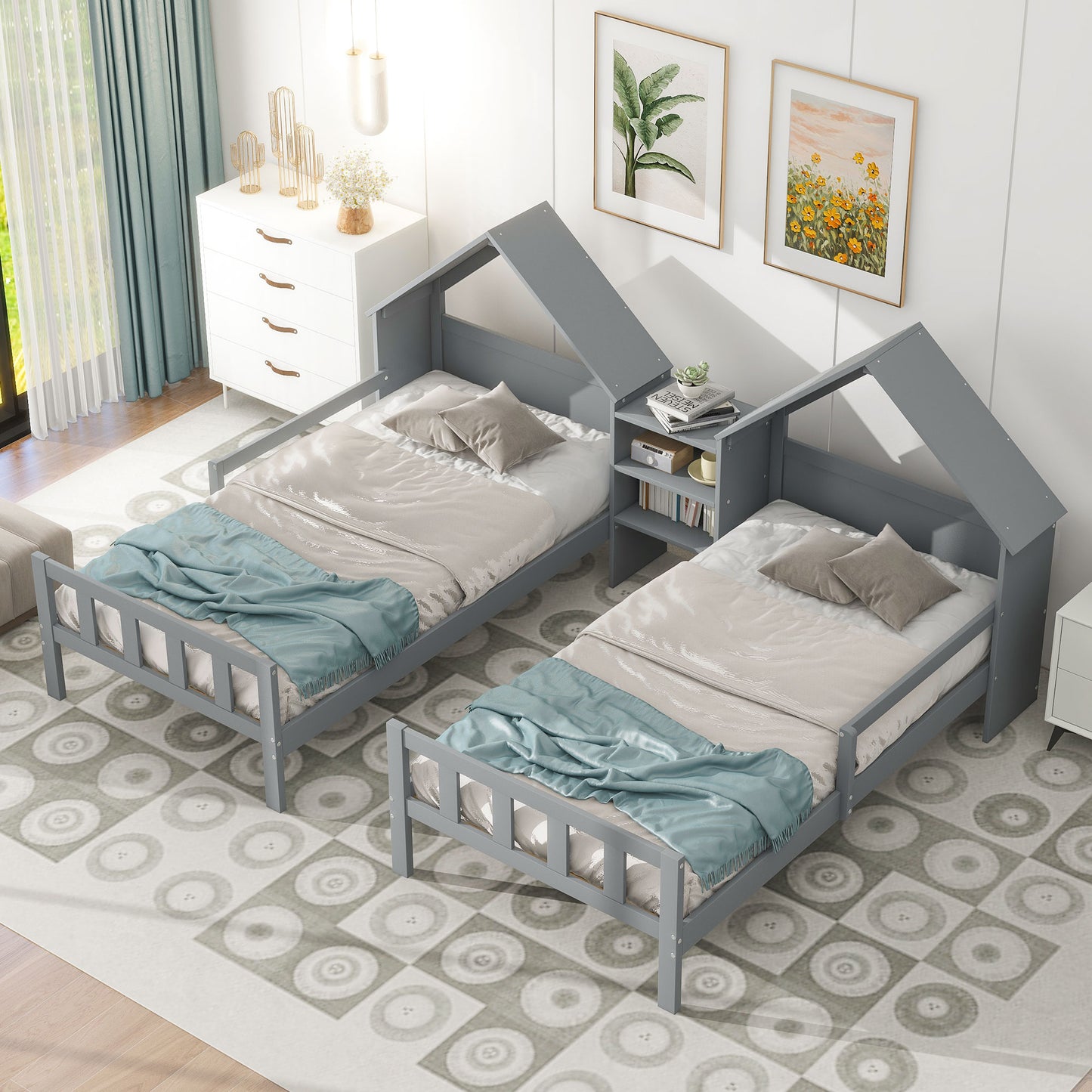 Double Twin Size Platform Bed with House-shaped Headboard and a Built-in Nightstand  Grey