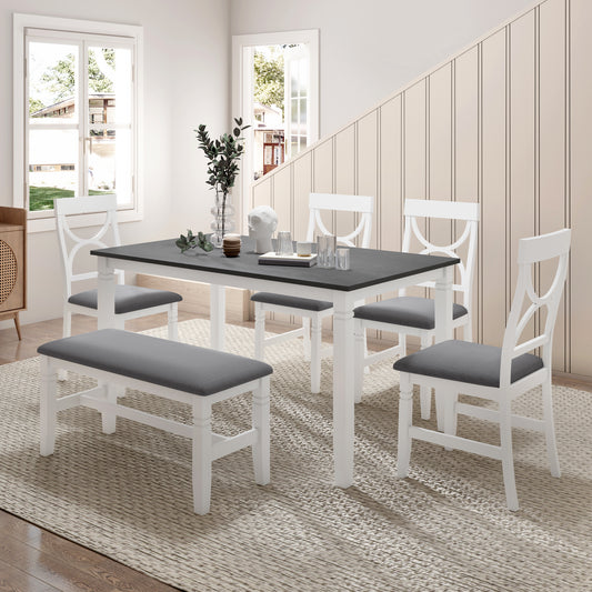 TOPMAX 6-Piece Wood Dining Table Set with Upholstered Bench and 4 Chairs, Farmhouse Style in Gray and White