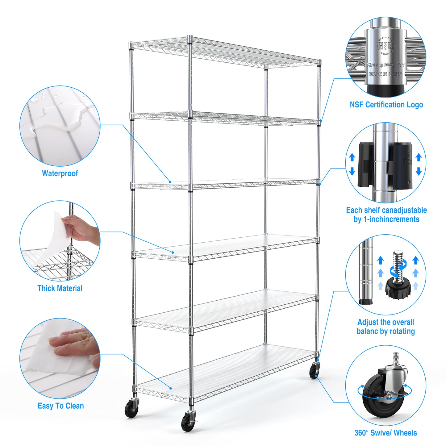 6-Tier Wire Shelving Unit, 6000 LBS Capacity, NSF-Approved Adjustable Metal Garage Storage Shelves with Wheels