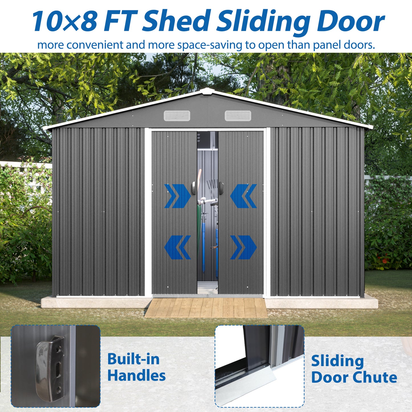 10X8 FT outdoor tool storage shed with metal foundation and lockable door, all-weather metal shed, gray