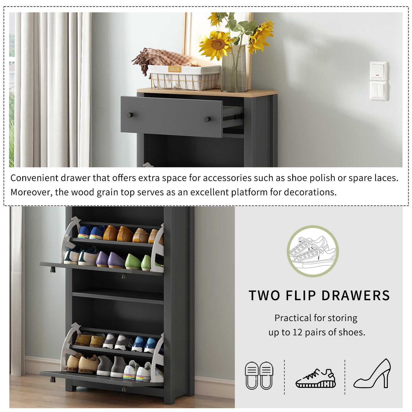 ONTREND functional with 2 flipped drawers, top shoe cabinet with adjustable panel, independent shoe rack, gray