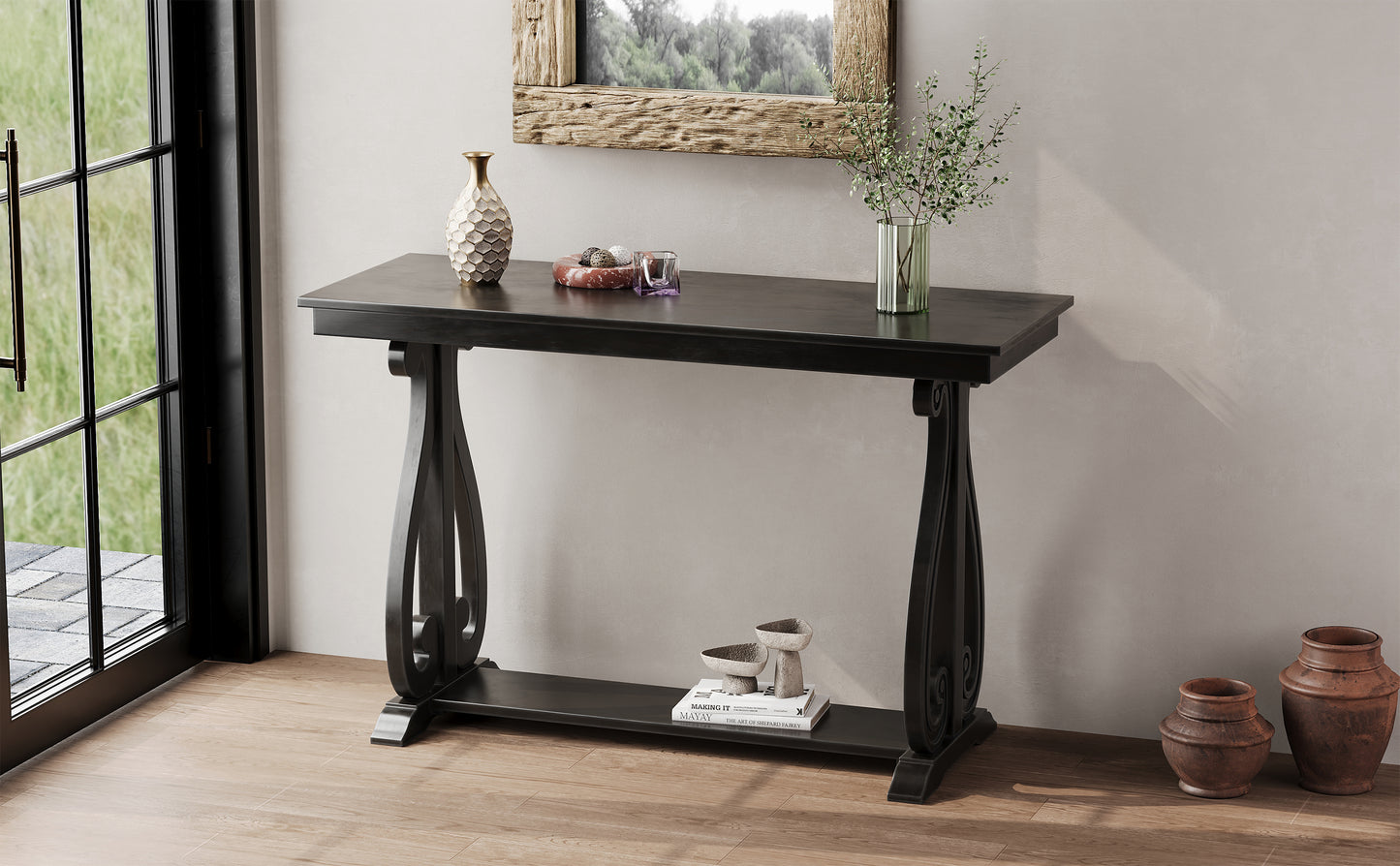 48-Inch Rustic Vintage Console Table --- Farmhouse Style Entryway Table with Open Shelf and Sturdy Construction (Black)