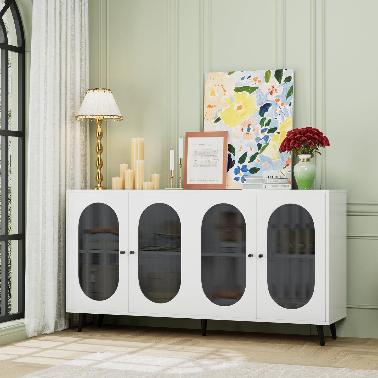 Modern Accent Sideboard Cabinet with Acrylic Doors, Freestanding Storage Cupboard in White Finish