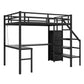 Twin XL loft bed with L-shaped desk and USB, metal loft bed with wardrobe and adjustable shelf, LED loft bed, black