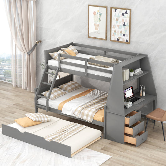 Twin over Full Bunk Bed with Trundle and Built-in Desk, Three Storage Drawers and Shelf,Gray