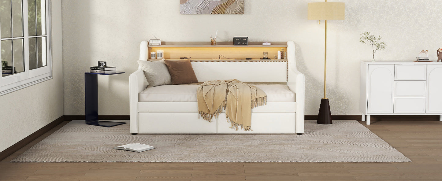 Twin Size Daybed with Drawers, Upholstered Daybed with Charging Station and LED Lights, White