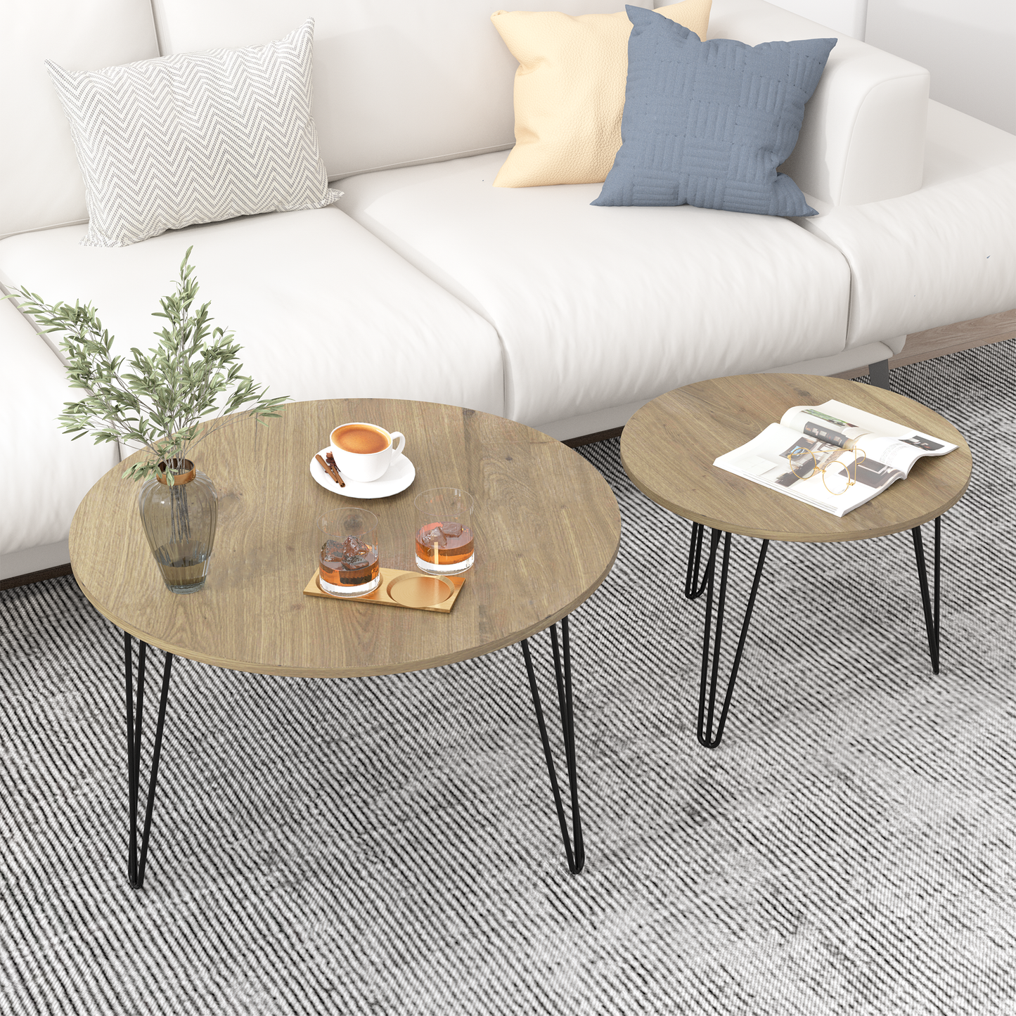 27.56'' Round Nesting Coffee Table Set of 2, Circular Nesting End Table Set  Sturdy Metal Base for Living Room, bedroom, Brown