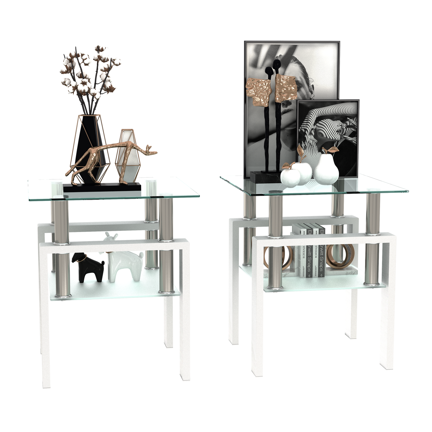 Set of 2 Modern Tempered Glass Tea Tables, Square Design for Living Rooms, Transparent/White