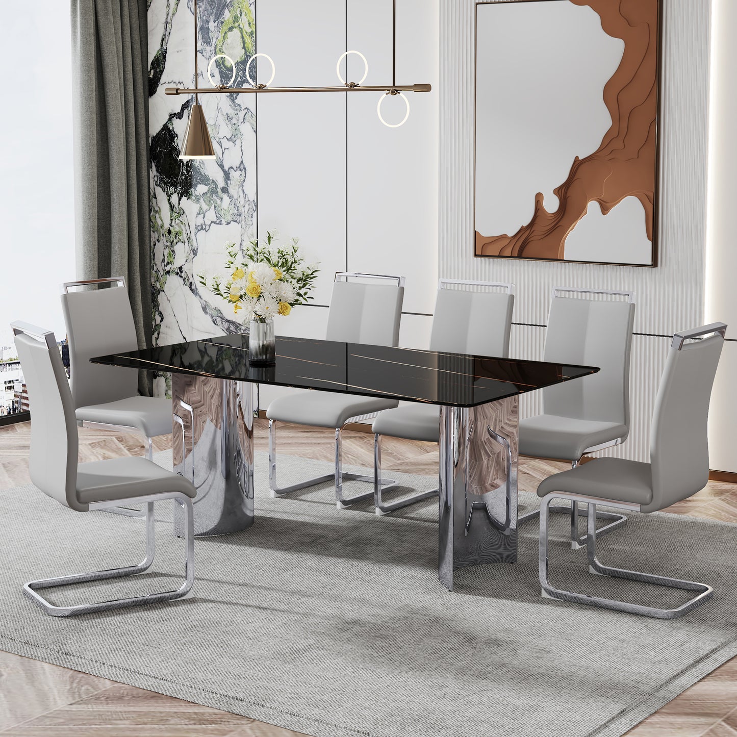 Modern minimalist dining table The black imitation marble glass desktop is equipped with silver metal legs