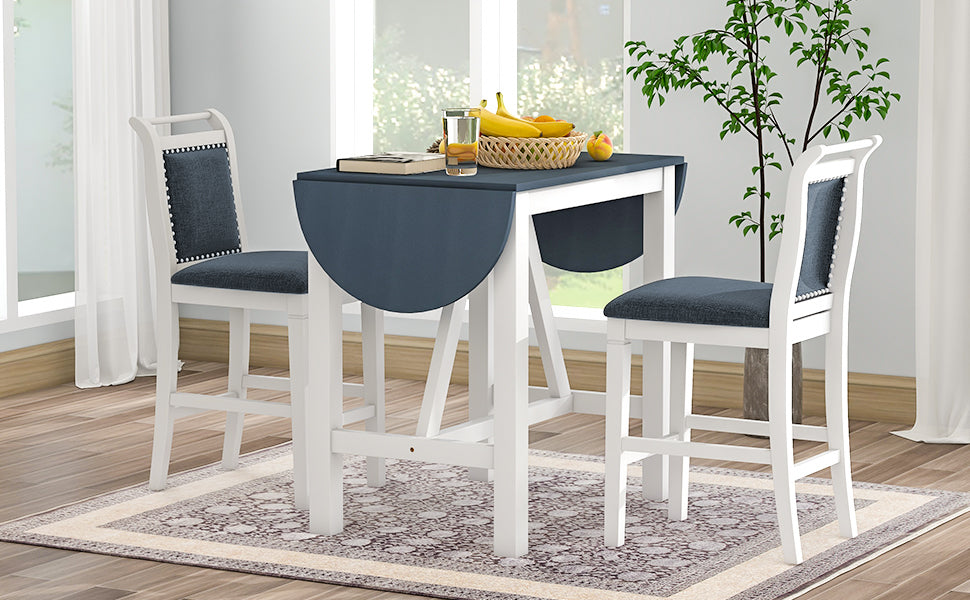 TOPMAX 3-Piece Wood Counter Height Drop Leaf Dining Table Set with 2 Upholstered Dining Chairs for Small Place White+Gray