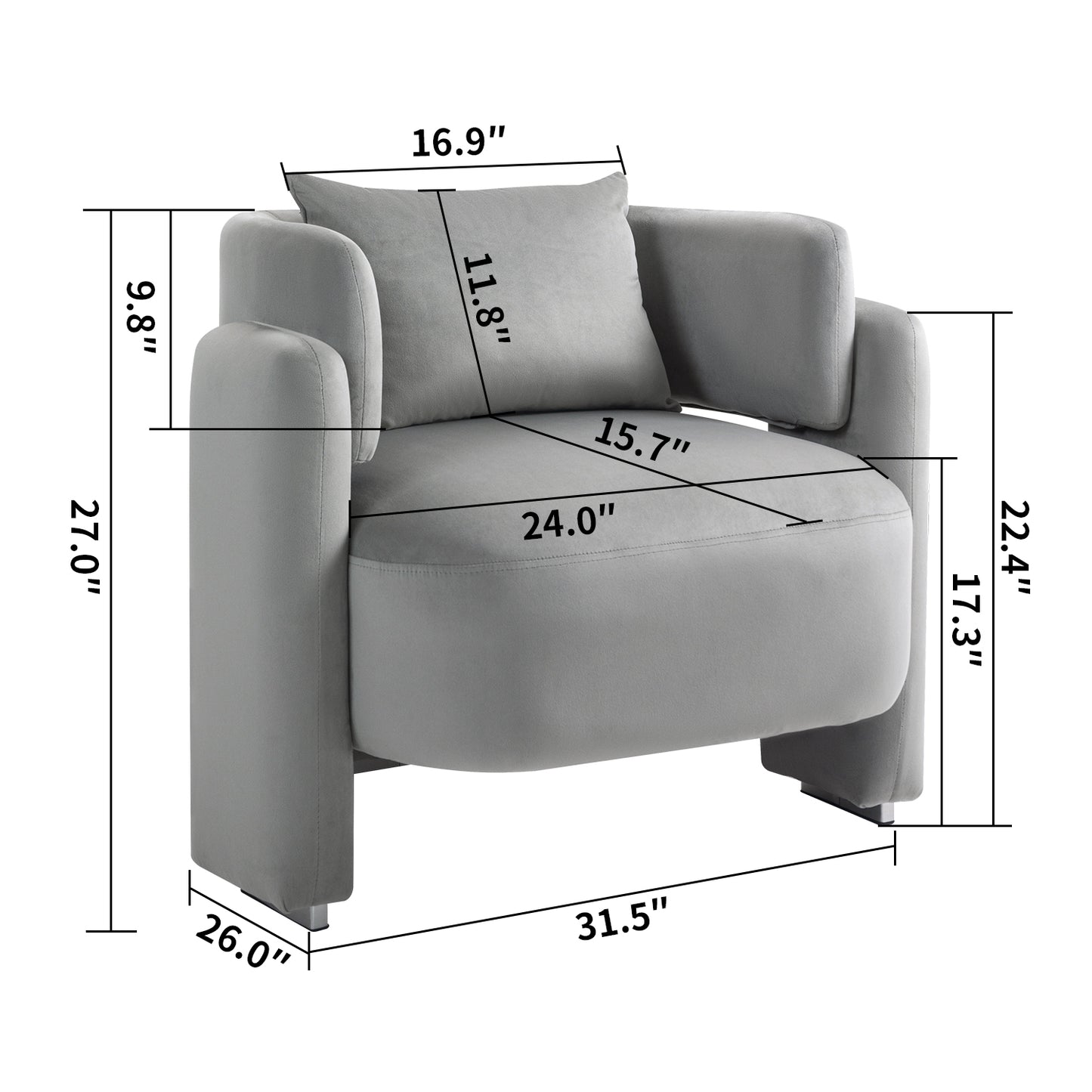 Sillón moderno de terciopelo con almohadas, cómodo sofá individual para salas de estar y dormitorios, color gris