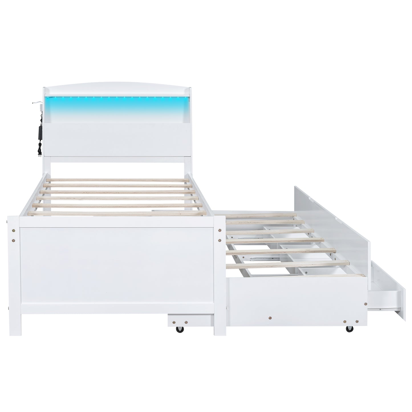 Twin Size Platform Bed with Storage LED Headboard Twin Size Trundle and 3 Drawers White