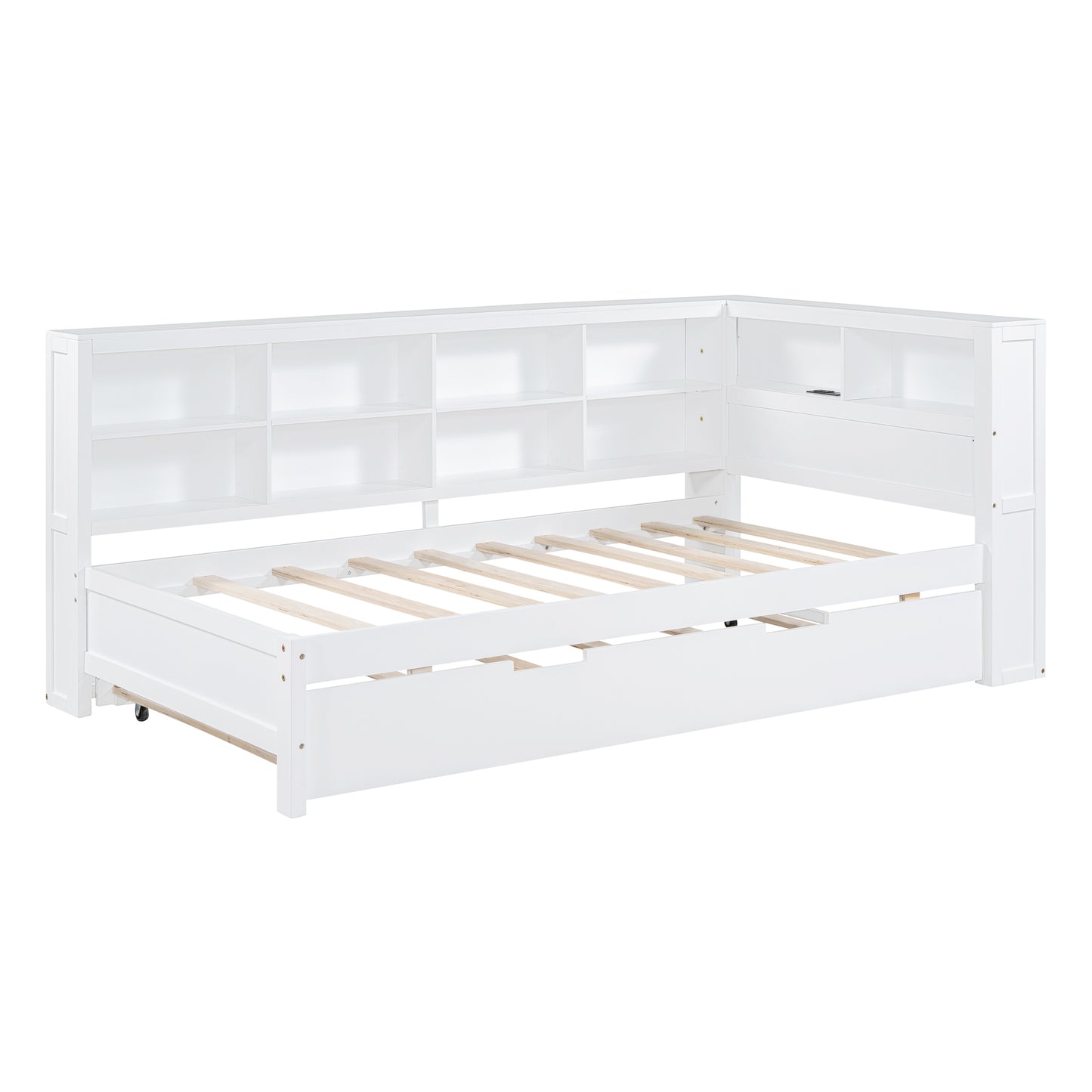 Wooden Twin Size DayBed with Twin Trundle, DayBed with Storage Shelf and USB Charging Ports,White