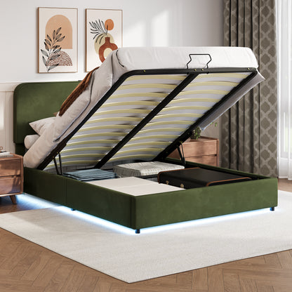 Hydraulic Storage Bed with LED Lights Green