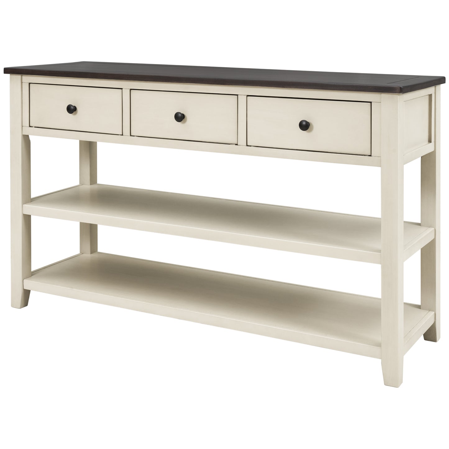 Retro Design Console Table with Two Open Shelves, Pine Solid Wood Frame and Legs, Espresso and Beige Finish