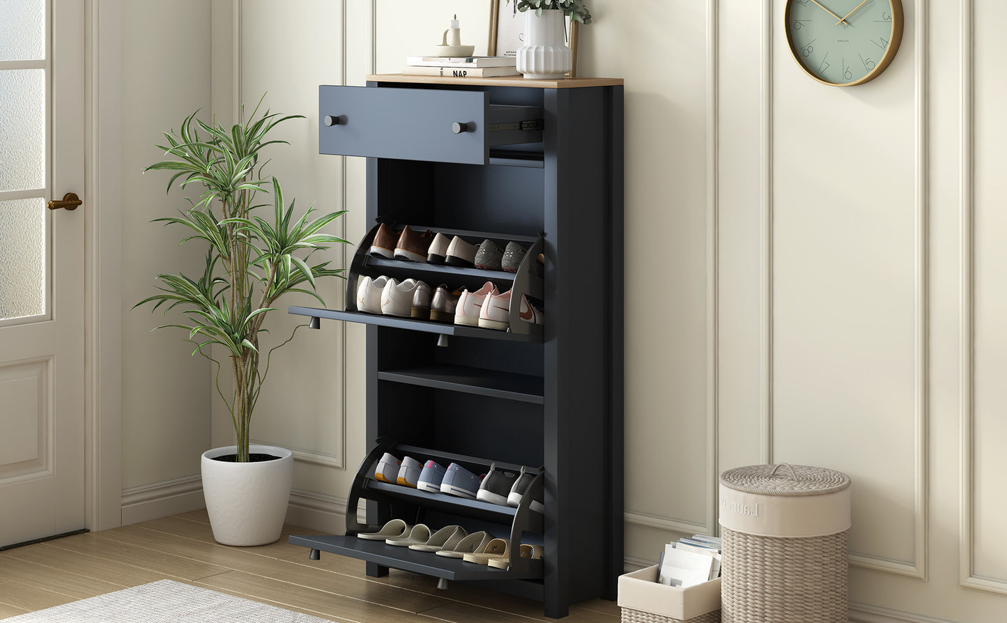 ONTREND with 2 flip drawers, top shoe cabinet with drawers, independent shoe rack with adjustable panel, for hallway use, black