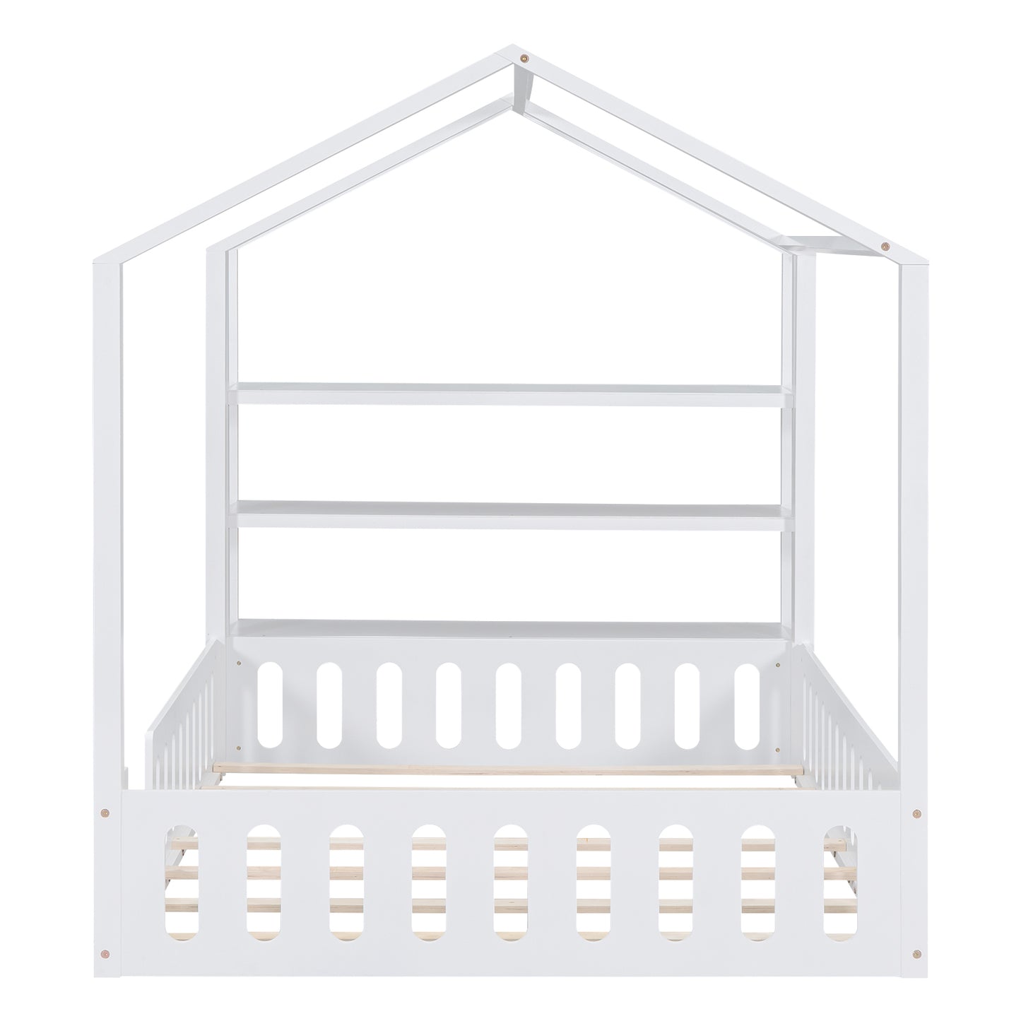 Full Size Wood House Bed with Fence and Detachable Storage Shelves, White