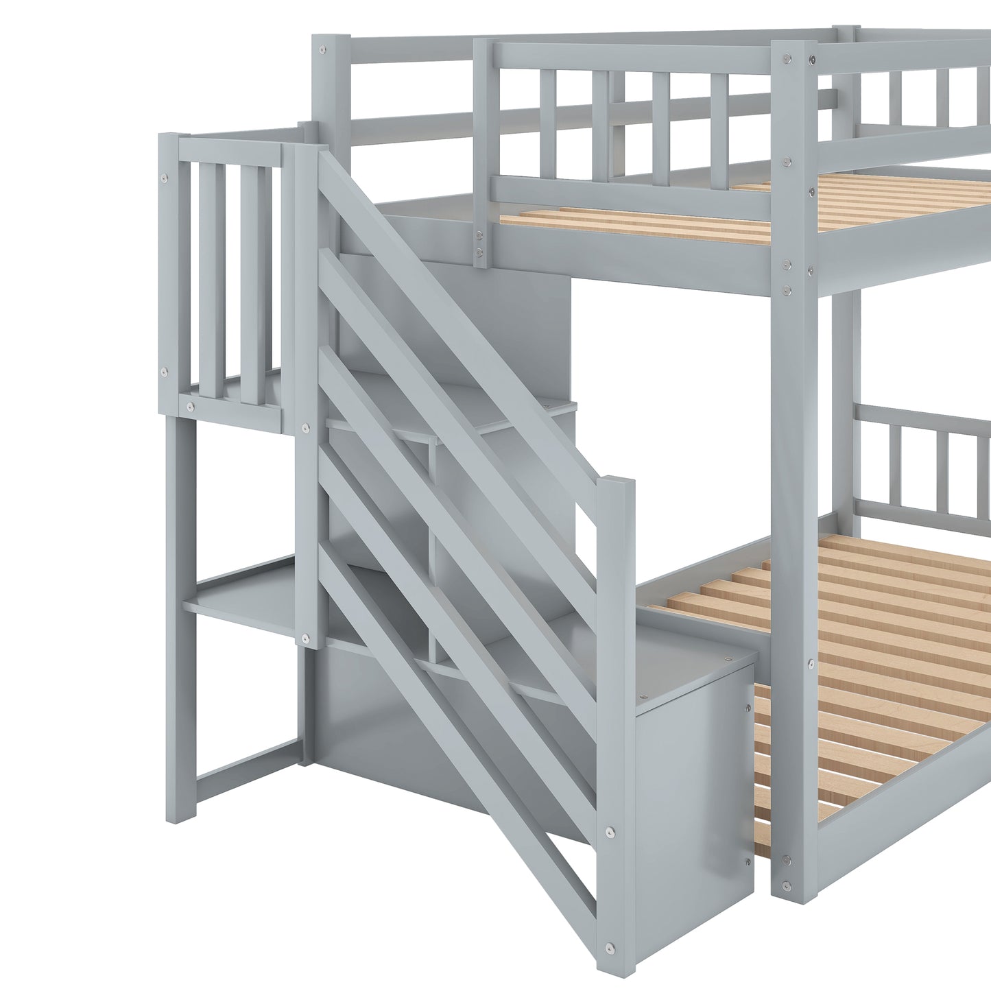 Twin over Twin Floor Bunk Bed, Ladder with Storage  Gray