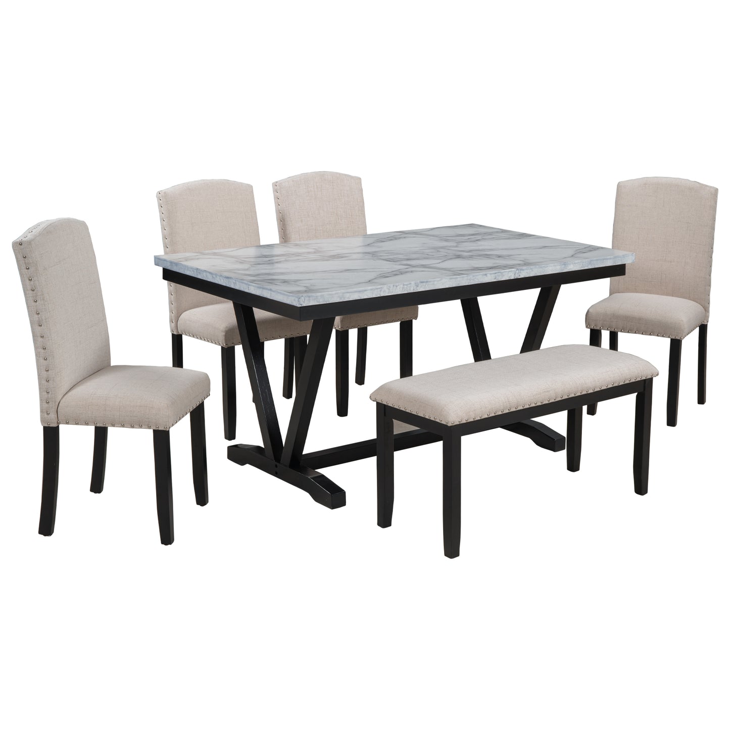 Juego de mesa de comedor moderno TREXM de 6 piezas con 4 sillas y 1 banco, acabado blanco