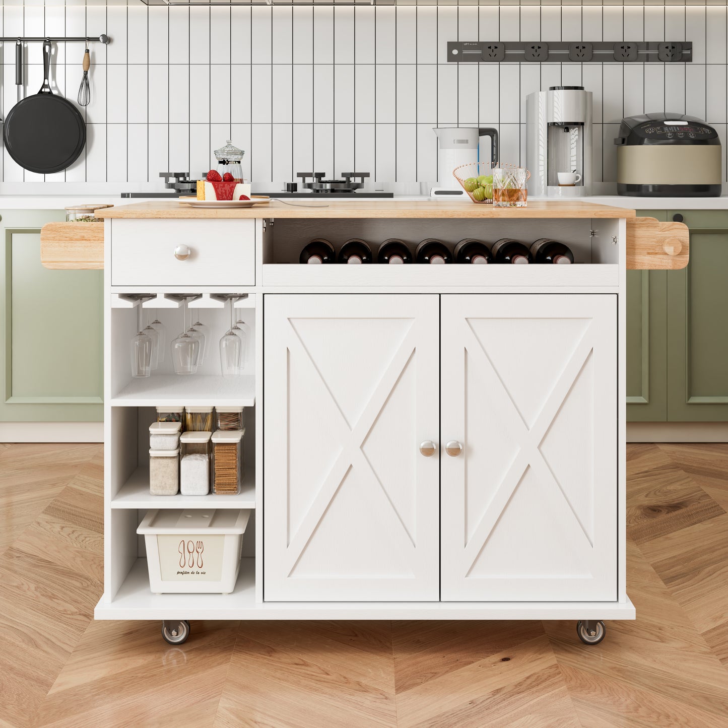 44 Inch Kitchen Island Cart with Solid Wood Top, Wine Storage, Spice Rack, Towel Rack, Wine Glass Holder White & Oak