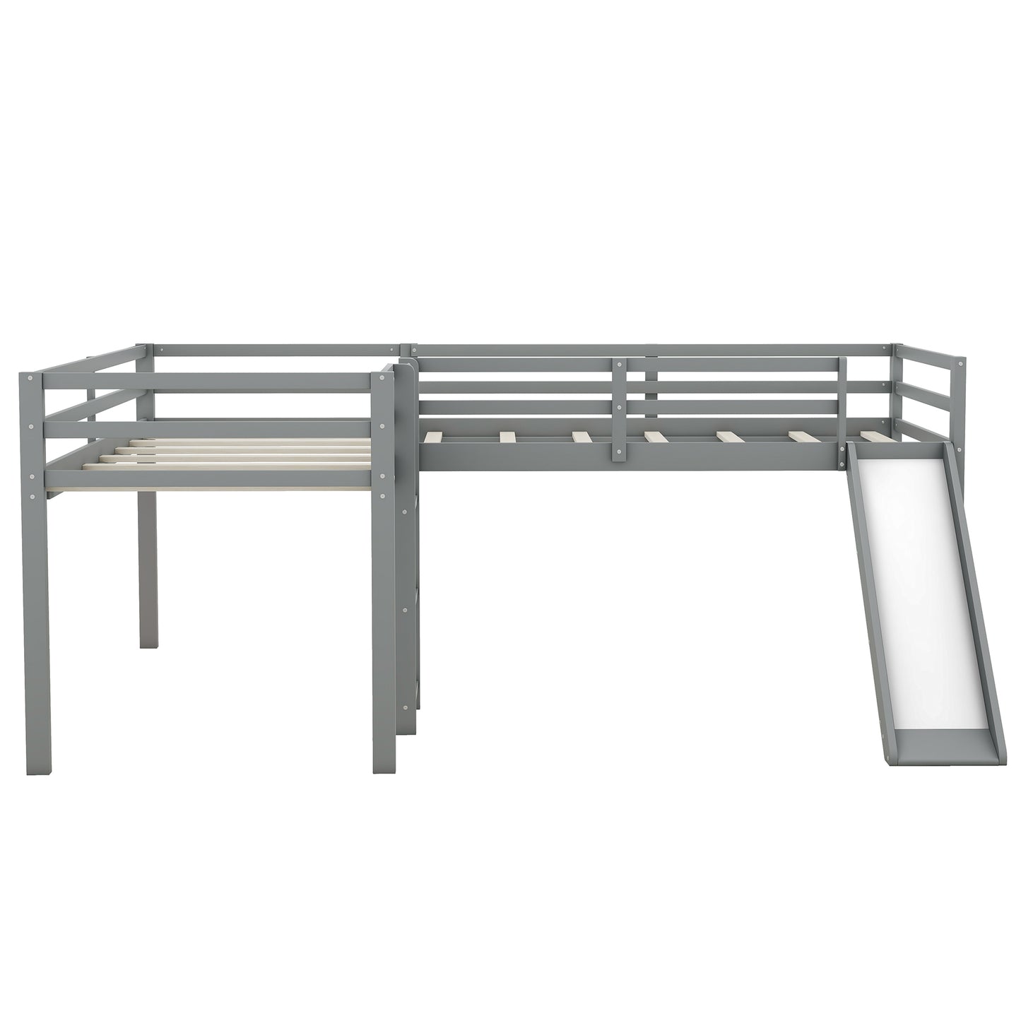 L-Shaped Twin Size Loft Bed with Ladder and Slide, Gray