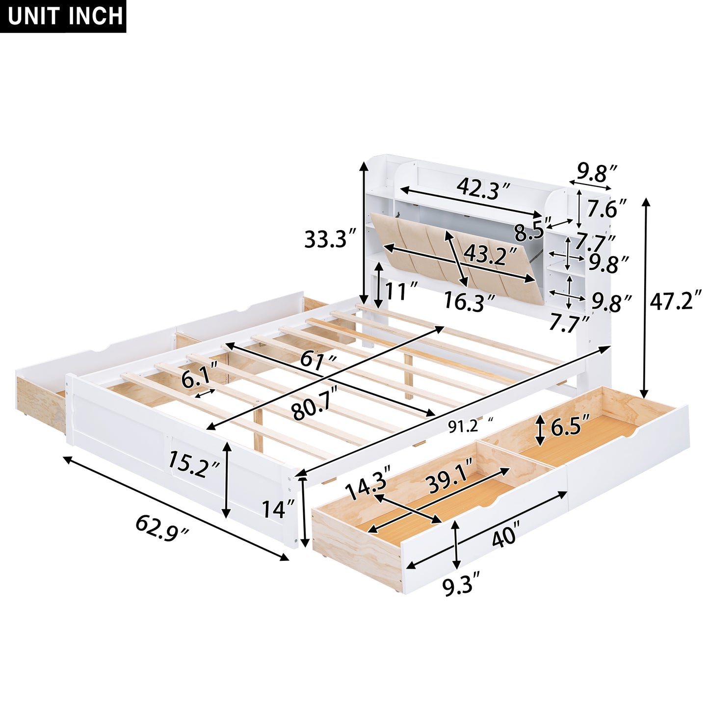 Wood Queen Size Platform Bed with Storage Headboard  Shelves and 4 Drawers  White