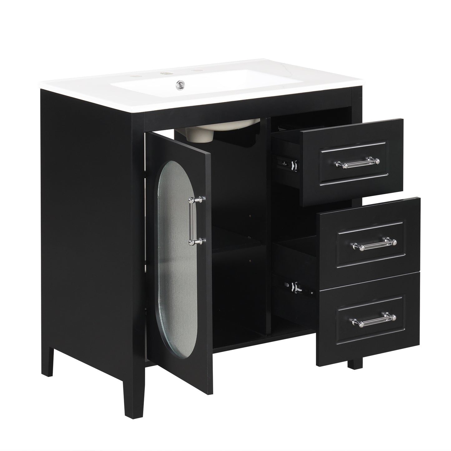 Bathroom Vanity with Sink, Bathroom Vanity Cabinet with Two Drawers and Door, Adjustable Shelf, Solid Wood and MDF, Black