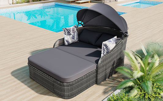 GO 79.9" Outdoor Sunbed with Adjustable Canopy, Double Lounge in Gray Wicker and Cushion