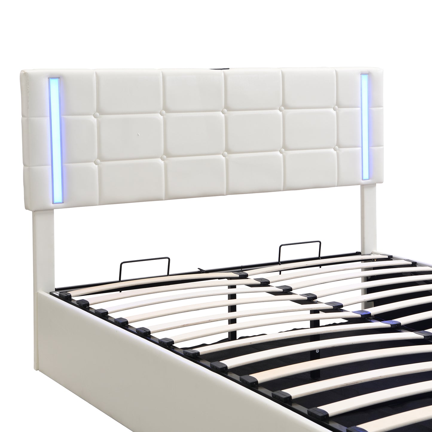 Queen Size Upholstered Bed with LED Lights,Hydraulic Storage System and USB Charging Station,White