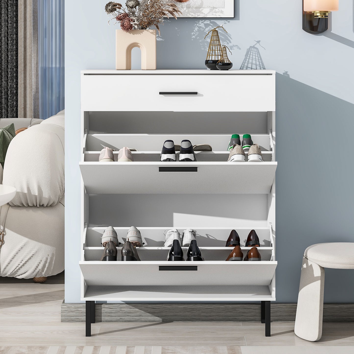 Independent shoe rack storage box with drawers and metal legs, modern shoe cabinet with 2 flippable drawers