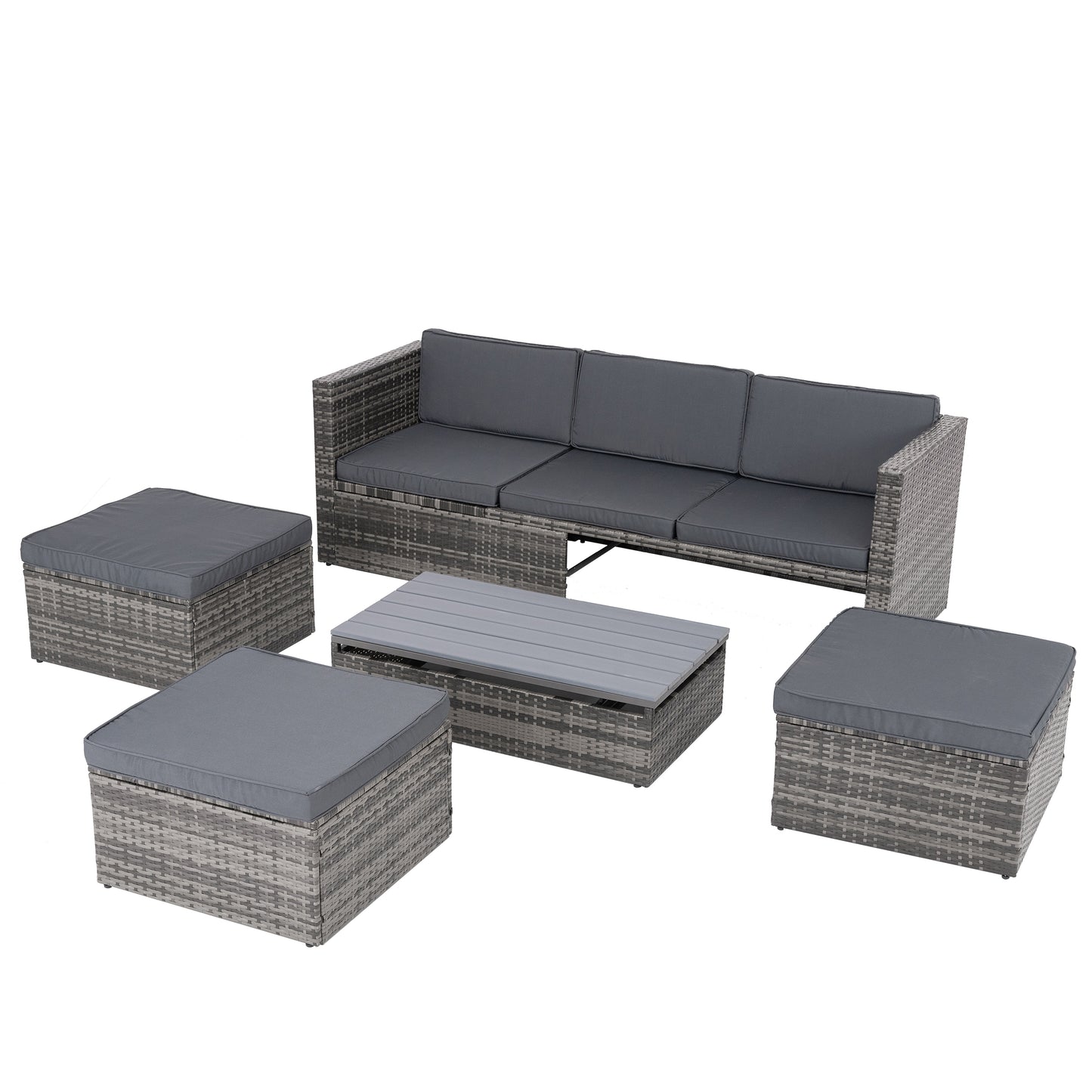 5-Piece Outdoor Patio Furniture Set with Plywood Coffee Table, Seasonal PE Wicker Design