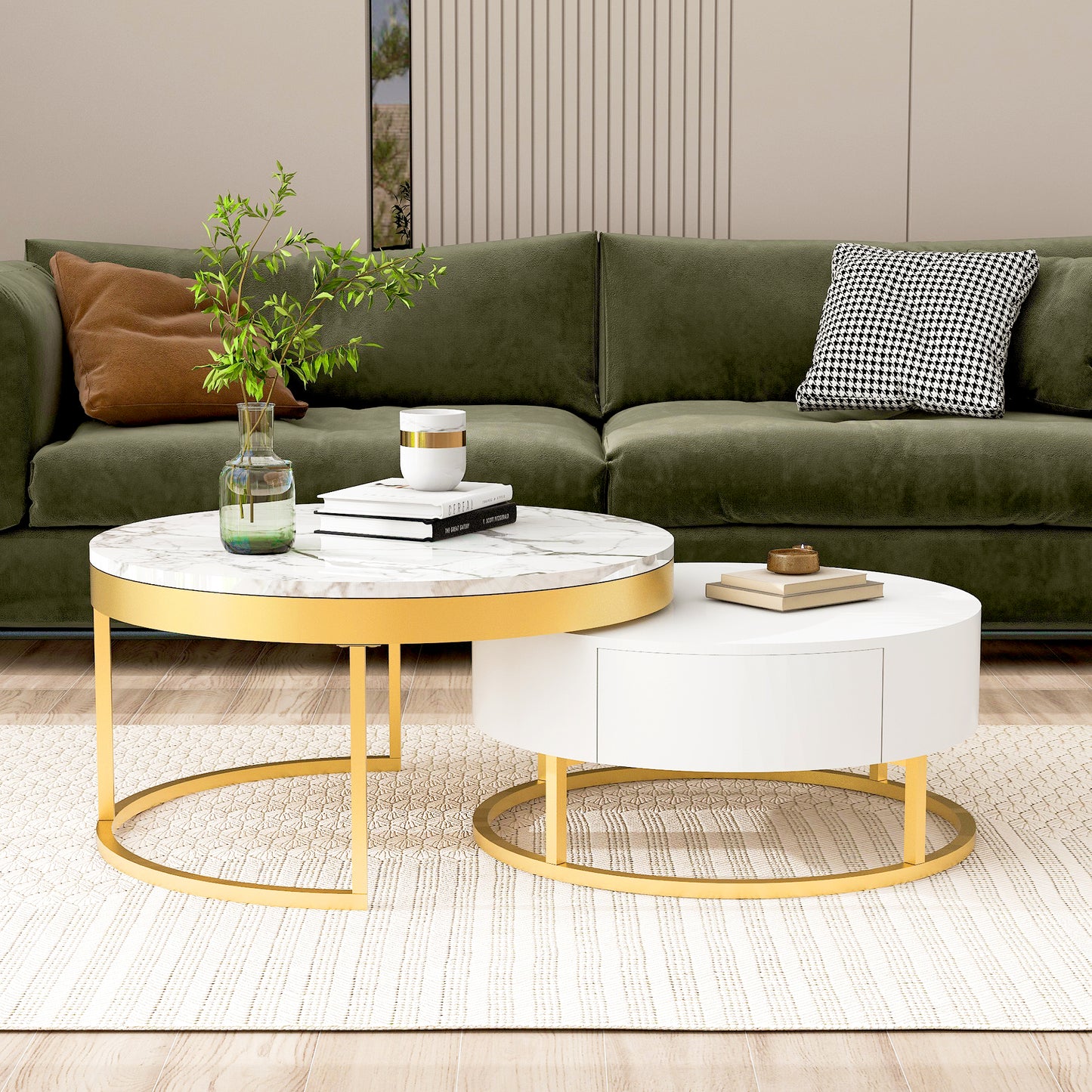 Modern Round Nesting Coffee Table with Drawers, White Finish for Living Rooms