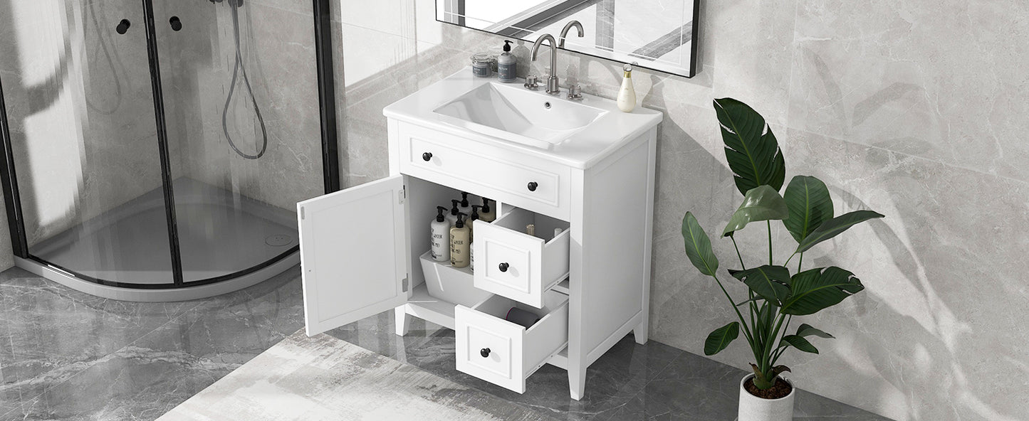 Mueble de baño de 30" con encimera de lavabo, armario de madera maciza con puerta y dos cajones, color blanco