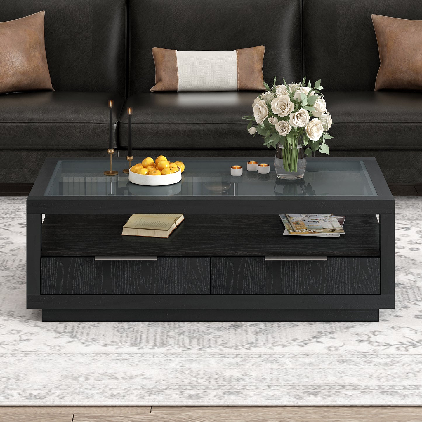 U-Can modern wooden coffee table with 2 drawers and minimalist display coffee table with transparent tempered glass