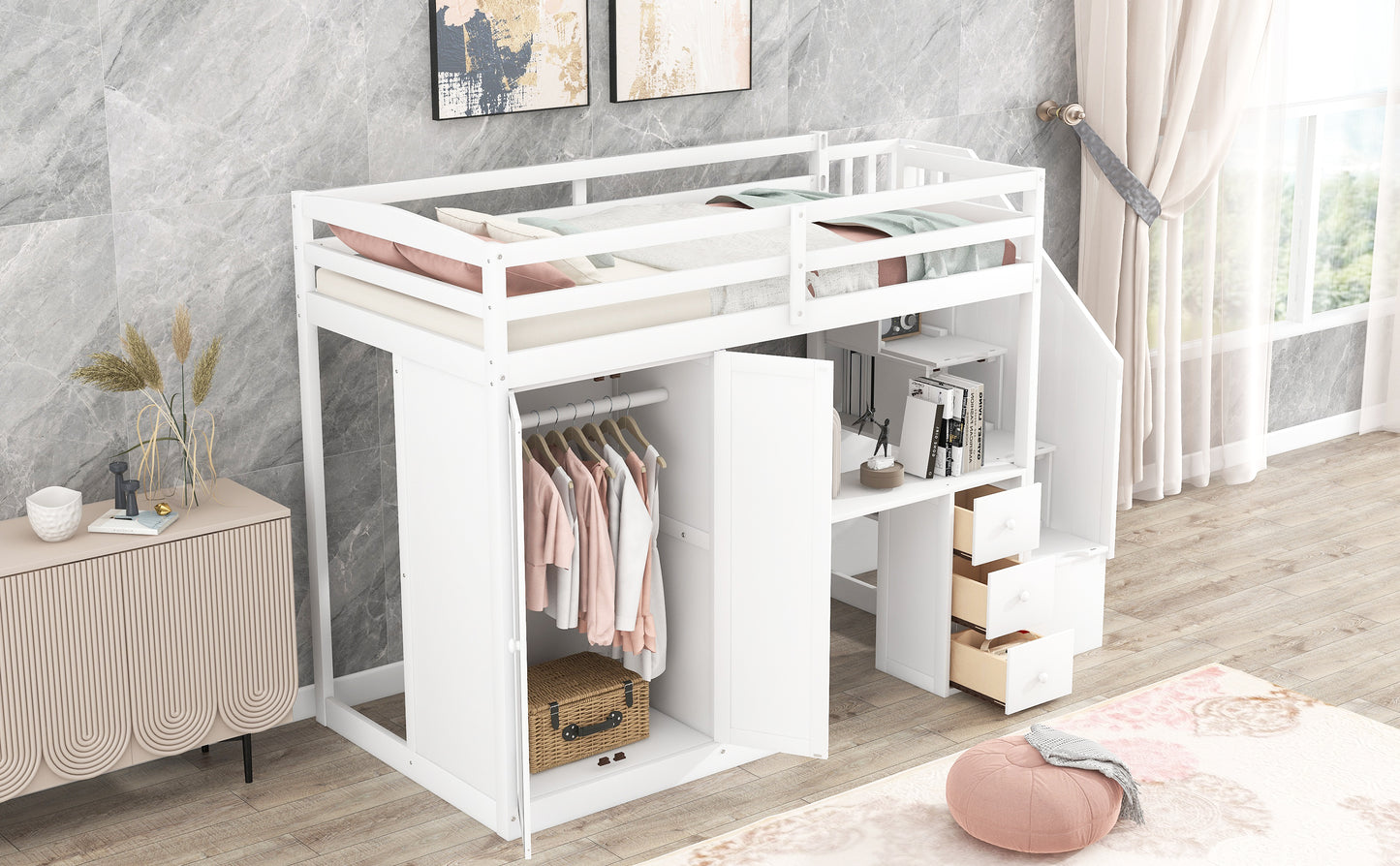 Twin Size Loft Bed with Wardrobe and Staircase, Desk and Storage Drawers and Cabinet in 1  White