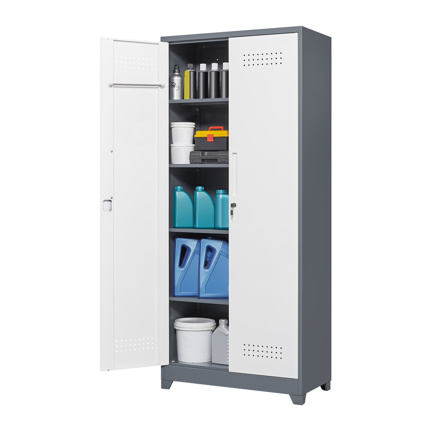 Metal storage cabinets, lockable cleaning tool cabinets, high broom tool organizers, and large storage cabinets in storage store