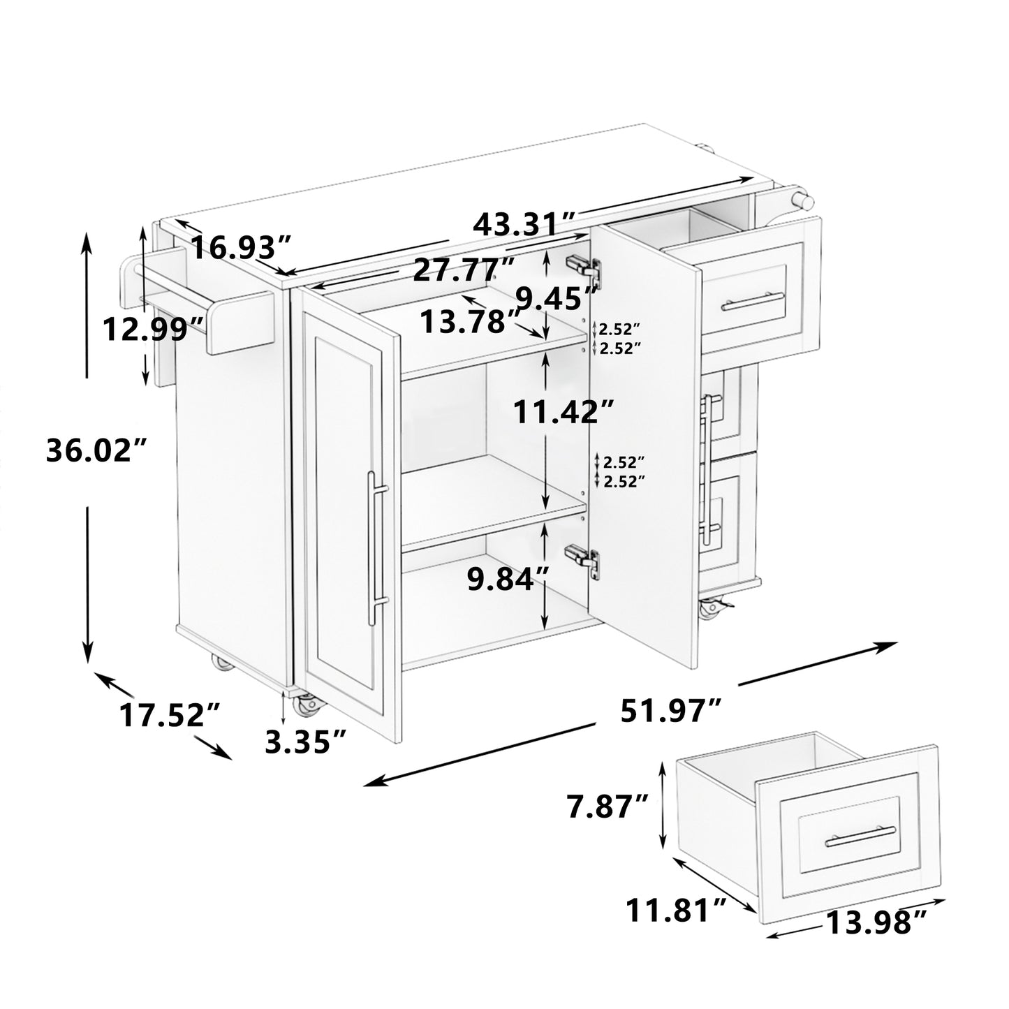 Kitchen Island Cart with 2-Door Cabinet, 3 Drawers, Spice Rack, and Towel Rack, 43.31-Inch Width in White