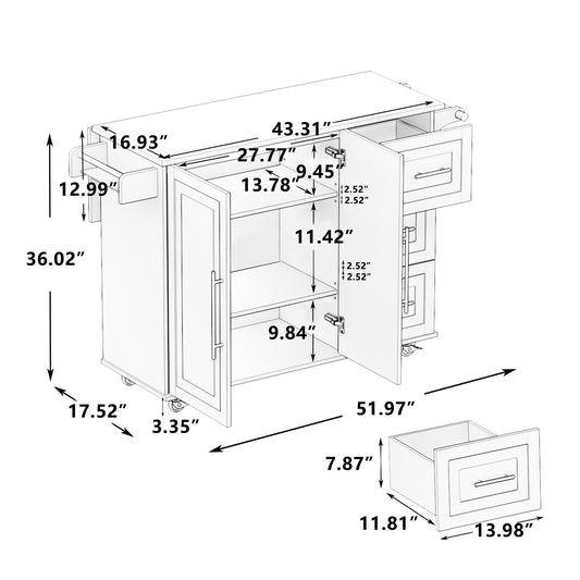 Carrito de cocina con isla con gabinete de 2 puertas, 3 cajones, estante para especias y toallero, ancho de 43,31 pulgadas en color blanco