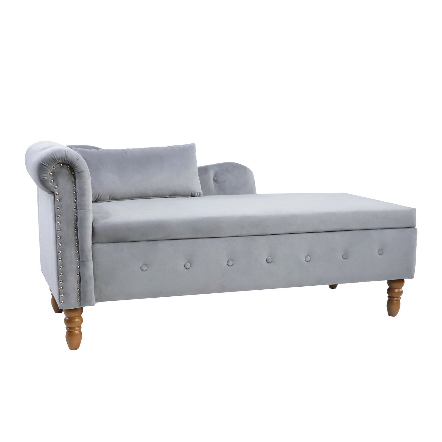 Sillón chaise longue gris de terciopelo para interiores con espacio de almacenamiento y almohada, diseño moderno tapizado con brazos enrollados