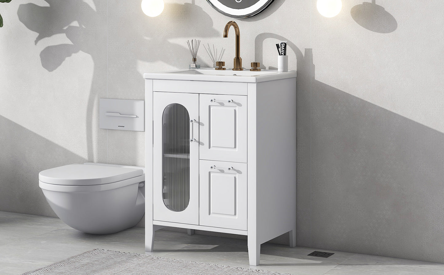 Bathroom Vanity with Sink, Bathroom Vanity Cabinet with Two Drawers and Door, Adjustable Shelf, Solid Wood and MDF, White