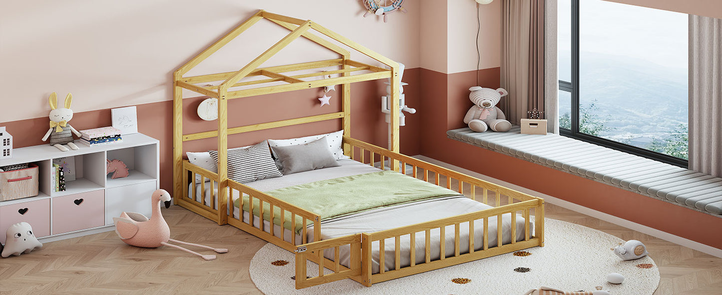 Wooden Full Size Children's Bed with Detachable Headboard and Integrated Clothes Drying Rack, Natural