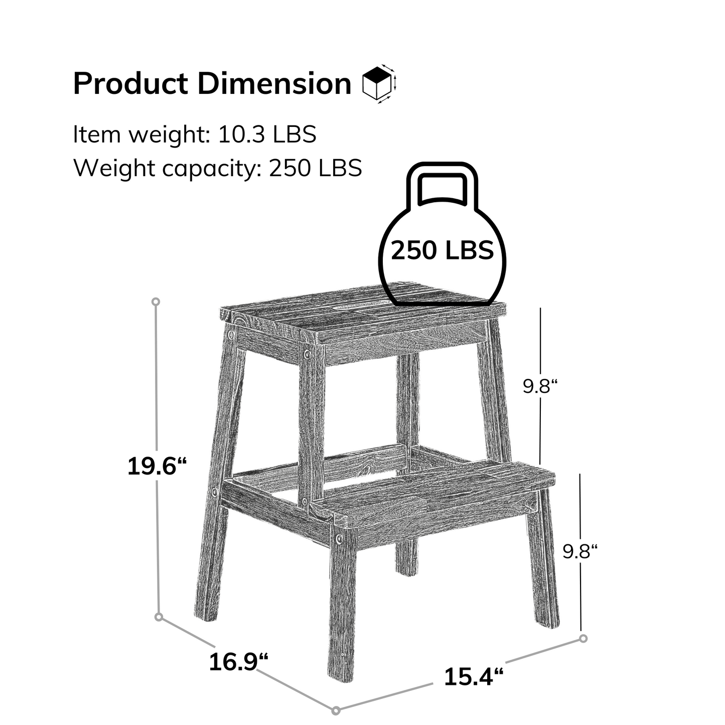 Taburete de dos escalones de madera de acacia, diseño rectangular pequeño para uso funcional